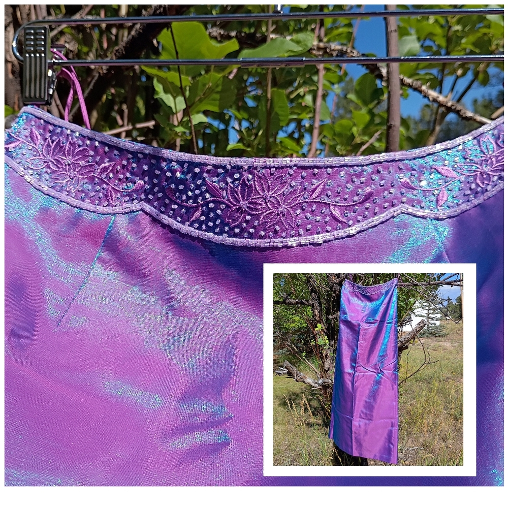 Exquisite Beaded Floral Embroidered Iridescent Blue/Purple/Pink Maxi Skirt